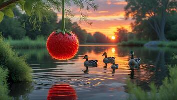 Ducks Swimming on Lake at Sunset with Hanging Fruit Decoration photo