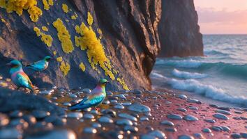 Birds Perching Near Rocky Shoreline at Sunset with Gentle Waves photo