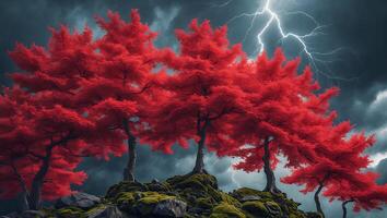 Striking Red Trees Silhouette Against Stormy Sky with Lightning photo
