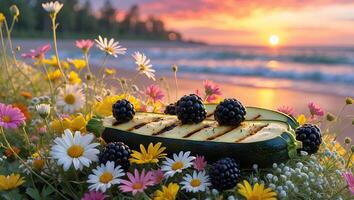 Grilled Zucchini and Blackberry Arrangement Surrounded by Colorful Wildflowers at Sunset photo