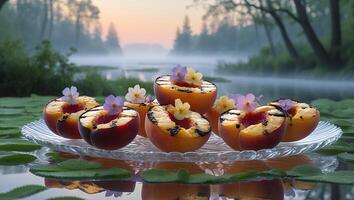 Grilled Peach Halves with Flowers on Glass Plate Scenic Backdrop photo