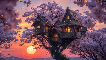 Enchanting Treehouse Nestled Among Cherry Blossoms at Sunset with Warm Lights photo