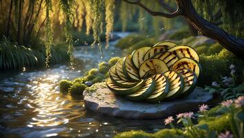 Grilled Zucchini Slices Arranged on Stone by Stream in Sunlight photo
