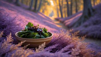 Bowl of Salad in Purple Field with Forest Background photo