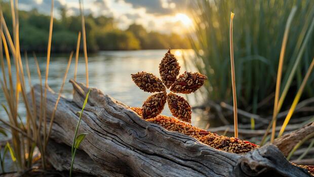 Flower Made of Seeds on Log by River at Sunset photo
