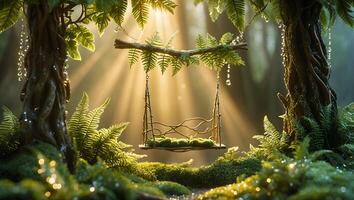 Enchanted Forest Swing with Sunbeams and Mossy Ground photo