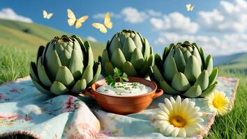 Artichokes and Dip on Picnic Blanket in Sunny Meadow photo