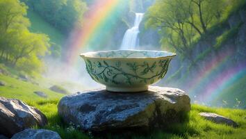 Ornate Bowl Adorns Rock with Waterfall and Rainbow in Background photo