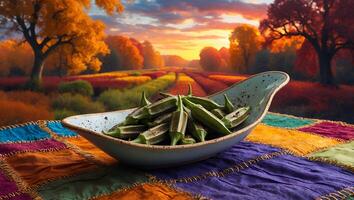 Okra in Dish on Colorful Fabric with Autumn Landscape Backdrop photo