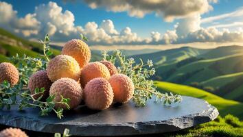 Lychee Fruit Displayed on Stone Slab with Rolling Green Hills photo