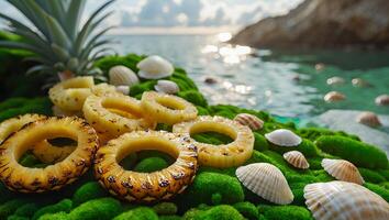 Grilled Pineapple Rings with Seashells on Mossy Rock by Ocean photo