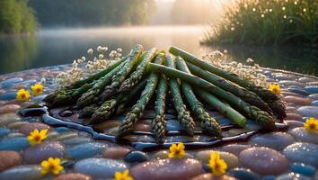 Asparagus Spears on Stone Table with Flowers and Foggy Background photo
