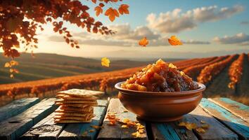 Apple Butter Served with Crackers on Rustic Table in Vineyard photo