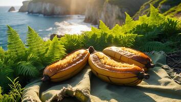 Baked Fruits Offering Stunning Coastal View and Lush Green Ferns photo