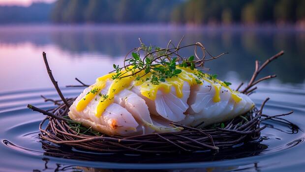 Fillet of Fish with Yellow Sauce Garnished with Thyme on Nest photo