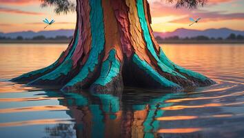 Colorful Tree Trunk Stands in Water with Dragonflies at Sunset photo