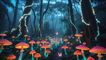 Glowing Mushrooms and Butterflies in Misty Forest at Twilight photo