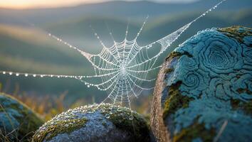 Spiderweb Covered in Dewdrops Between Rocks in Nature Landscape photo