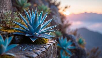 Agave Plant with Water Droplets at Sunrise in Rocky Landscape photo