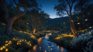 Tranquil River at Night with Glowing Flowers and Fireflies photo