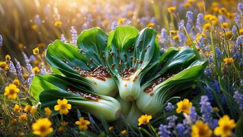 Preparing Bok Choy with Sauce in a Field of Wildflowers photo