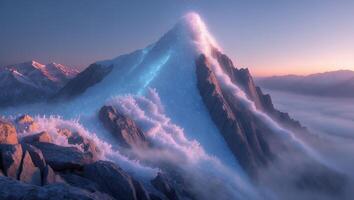 Majestic Mountain Peak Covered in Snow with Soft Sky Hues photo
