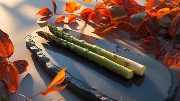 Two Asparagus Spears on Stone Plate Surrounded by Autumn Leaves photo