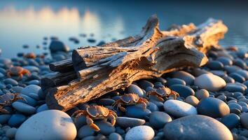 Crabs on Rocky Beach with Driftwood and Calm Water View photo
