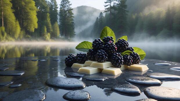 Blackberries and White Chocolate on Stone Slab with Forest Backdrop photo