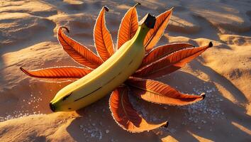 Banana Surrounded by Leaves on Sand Creating a Unique Display photo