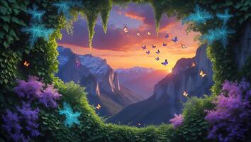Mountain View Through Greenery Archway with Butterflies and Sunset Sky photo