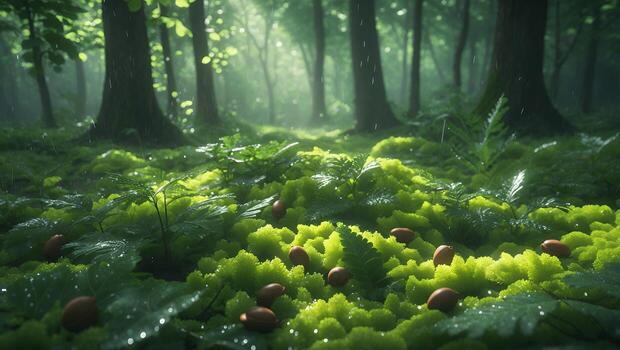 Walking Into a Lush Green Forest with Moss and Gentle Rain photo