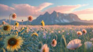 Blooming Flower Field with Mountain Backdrop at Sunset in Pastel Colors photo
