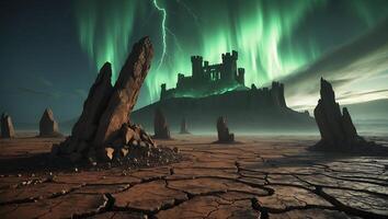 Castle Ruins Landscape with Dramatic Sky and Cracked Earth Foreground photo