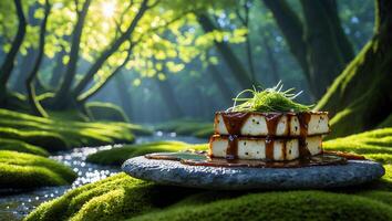 Stacked Tofu on Stone Plate with Glaze in Forest Setting photo