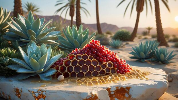 Honey Comb and Berries on a Stone Slab in Desert Setting photo
