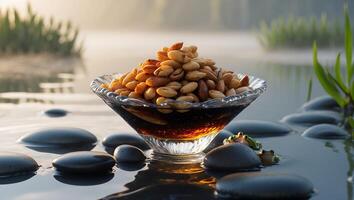 Presenting Roasted Peanuts in Clear Bowl on Water Surface Scenery photo
