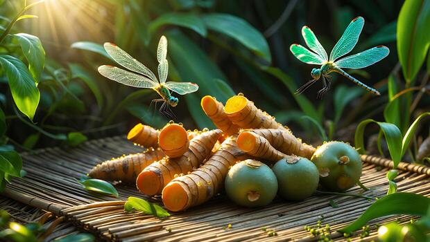 Turmeric Roots and Green Fruits Displayed with Dragonflies in Nature Setting photo