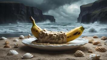 Banana and Dessert Dish on Beach with Dramatic Coastal Backdrop photo