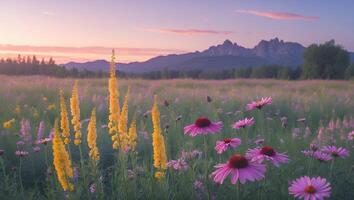 Wildflower Meadow at Sunset with Mountain Vista and Soft Colors photo