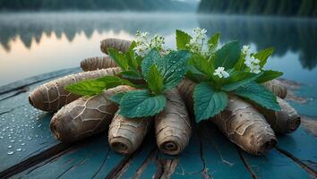 Roots with Green Leaves and White Flowers on Wooden Surface photo