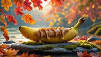 Banana with Caramel Drizzle Relaxing by Peaceful Lake in Autumn photo