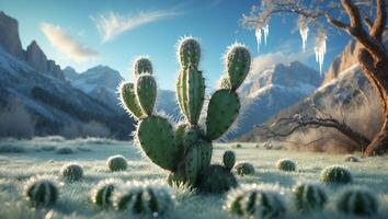 Cactus Standing in Frosted Field with Mountains and Blue Sky photo