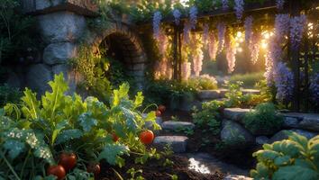 Walking Path Through Garden with Wisteria and Tomato Plants photo