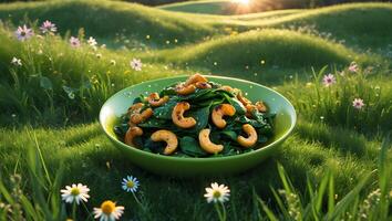 Serving Fresh Spinach and Cashew Salad in Green Bowl Outdoors photo