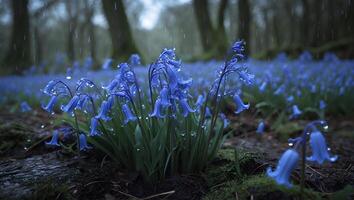 Bluebell Flowers Blooming During Rain in Forest with Mist and Depth photo