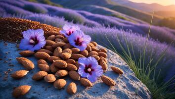 Almonds and Seeds on Stone with Lavender Field Backdrop and Flowers photo