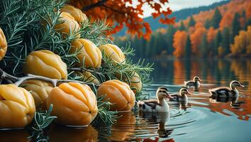 Ducklings Swimming in Autumn Lake with Orange Trees and Squash photo