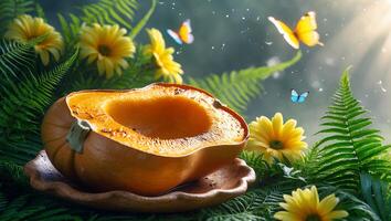 Halved Pumpkin on Wooden Plate Surrounded by Yellow Flowers and Ferns photo