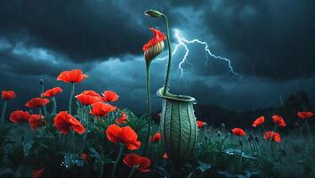 Poppy Field and Pitcher Plant Under Dramatic Stormy Sky and Lightning photo